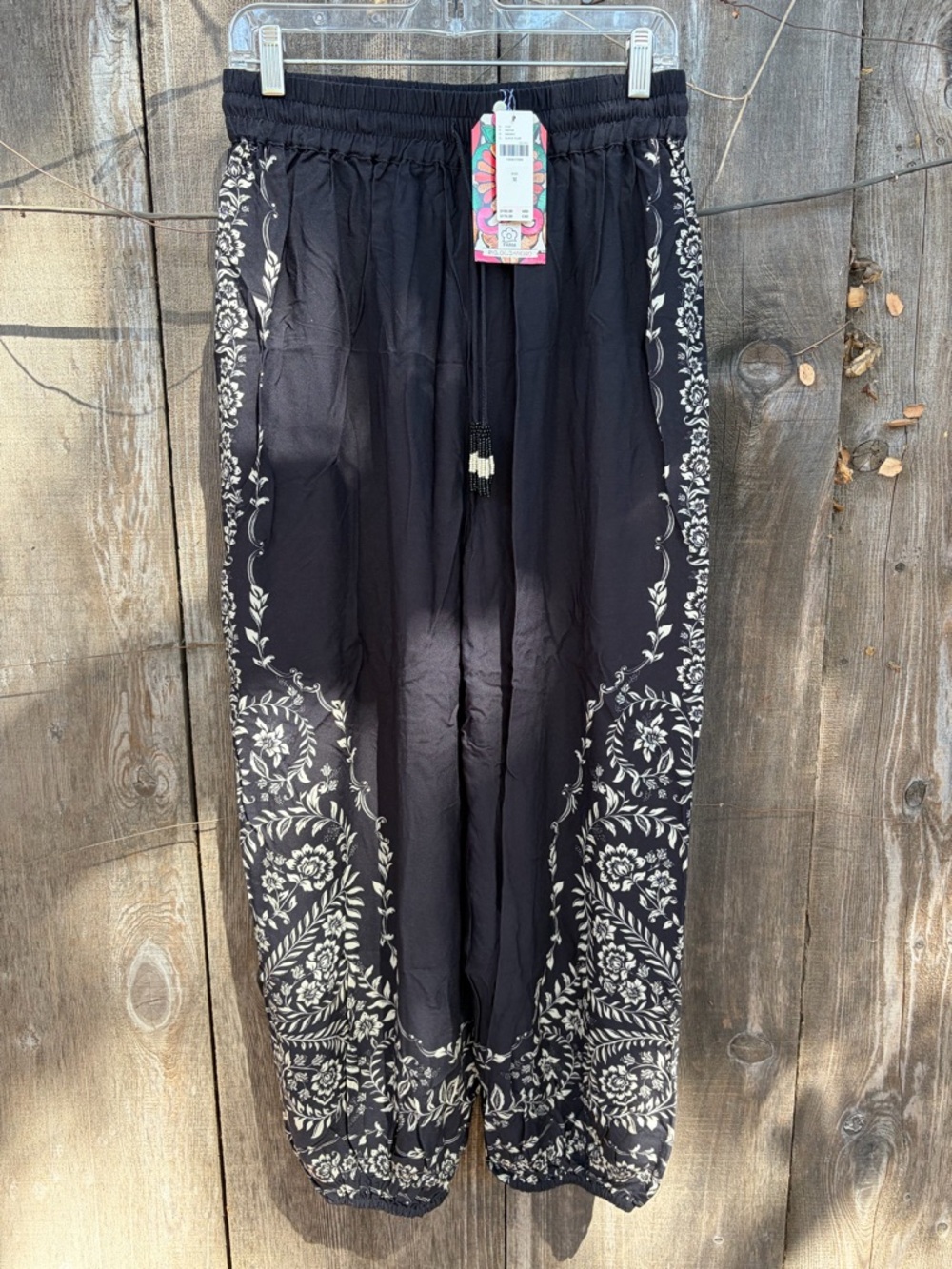 FARM Rio Black Wide-Leg Pants with White Floral Trim